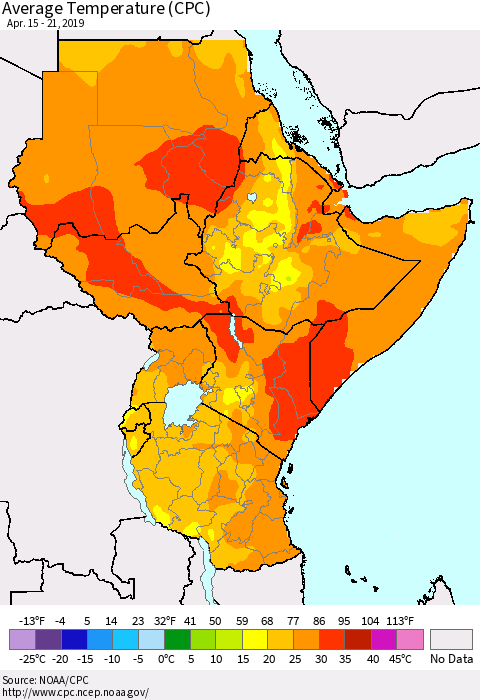 Eastern Africa Average Temperature (CPC) Thematic Map For 4/15/2019 - 4/21/2019