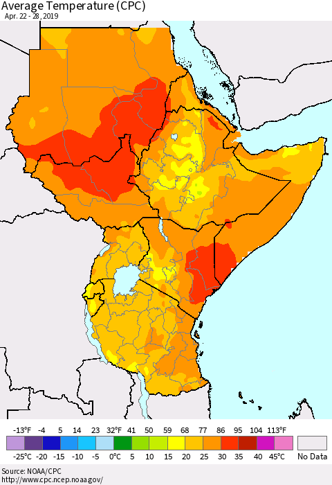 Eastern Africa Average Temperature (CPC) Thematic Map For 4/22/2019 - 4/28/2019