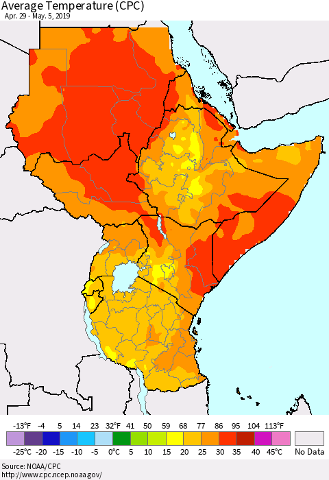 Eastern Africa Average Temperature (CPC) Thematic Map For 4/29/2019 - 5/5/2019