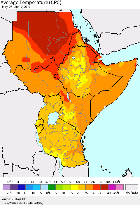 Eastern Africa Average Temperature (CPC) Thematic Map For 5/27/2019 - 6/2/2019