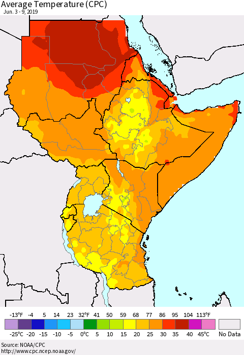Eastern Africa Average Temperature (CPC) Thematic Map For 6/3/2019 - 6/9/2019