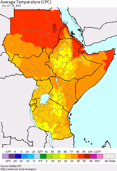 Eastern Africa Average Temperature (CPC) Thematic Map For 6/10/2019 - 6/16/2019