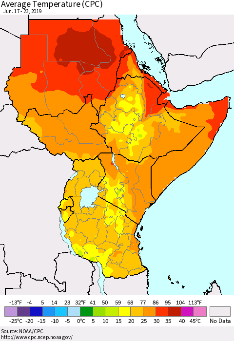 Eastern Africa Average Temperature (CPC) Thematic Map For 6/17/2019 - 6/23/2019