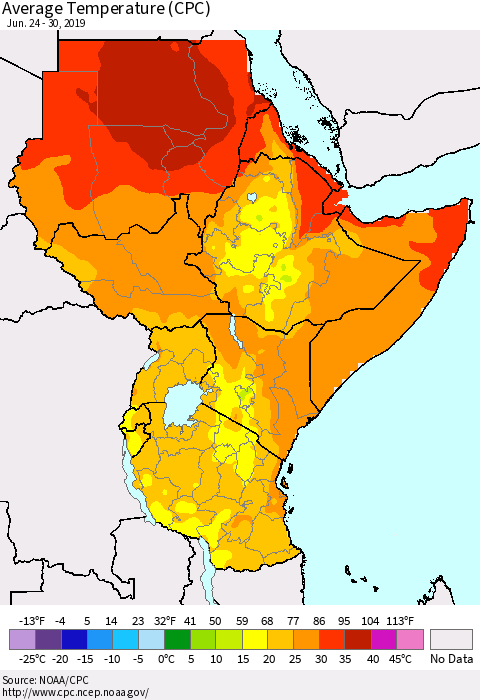 Eastern Africa Average Temperature (CPC) Thematic Map For 6/24/2019 - 6/30/2019