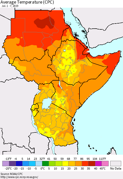 Eastern Africa Average Temperature (CPC) Thematic Map For 7/1/2019 - 7/7/2019