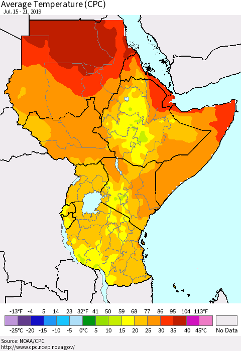 Eastern Africa Average Temperature (CPC) Thematic Map For 7/15/2019 - 7/21/2019