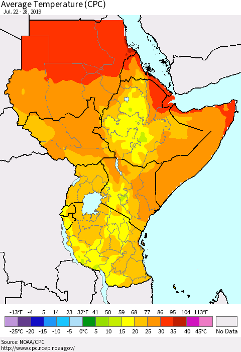 Eastern Africa Average Temperature (CPC) Thematic Map For 7/22/2019 - 7/28/2019