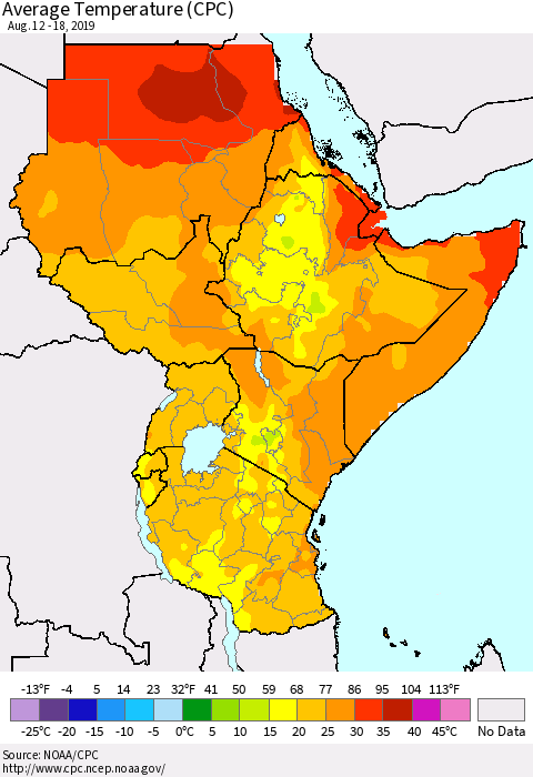Eastern Africa Average Temperature (CPC) Thematic Map For 8/12/2019 - 8/18/2019