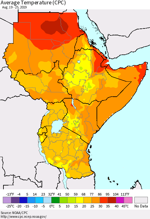 Eastern Africa Average Temperature (CPC) Thematic Map For 8/19/2019 - 8/25/2019