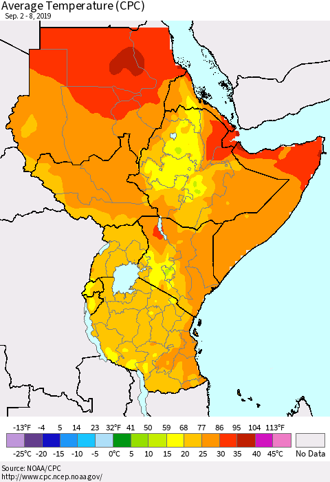 Eastern Africa Average Temperature (CPC) Thematic Map For 9/2/2019 - 9/8/2019