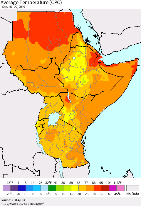 Eastern Africa Average Temperature (CPC) Thematic Map For 9/16/2019 - 9/22/2019
