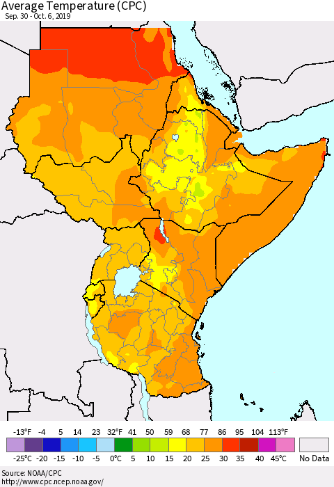 Eastern Africa Average Temperature (CPC) Thematic Map For 9/30/2019 - 10/6/2019