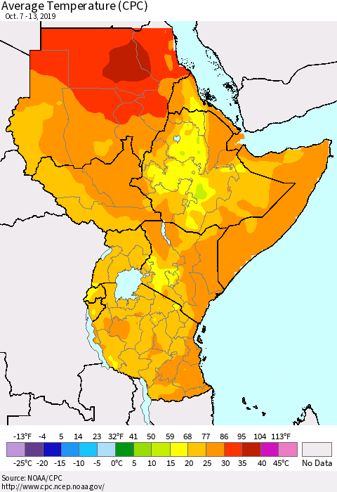 Eastern Africa Average Temperature (CPC) Thematic Map For 10/7/2019 - 10/13/2019