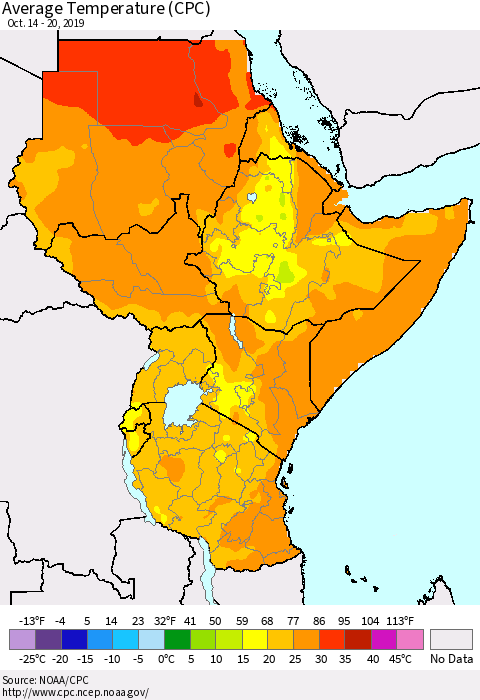 Eastern Africa Average Temperature (CPC) Thematic Map For 10/14/2019 - 10/20/2019