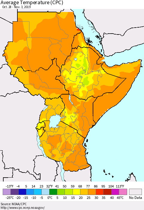 Eastern Africa Average Temperature (CPC) Thematic Map For 10/28/2019 - 11/3/2019