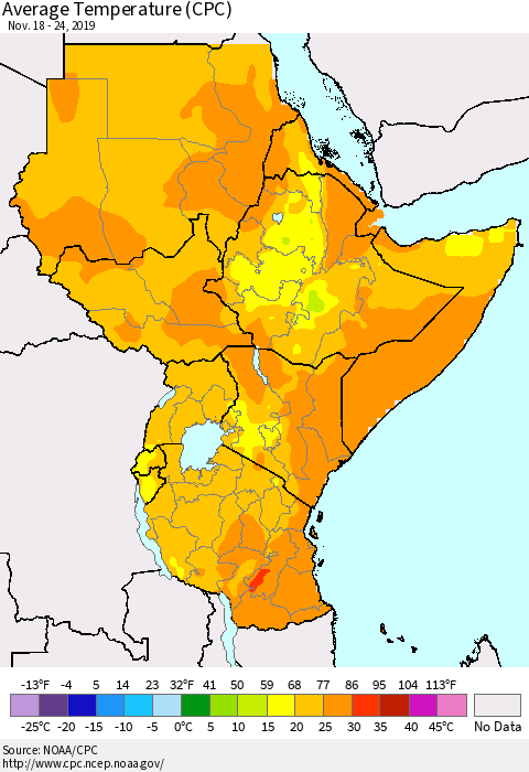 Eastern Africa Average Temperature (CPC) Thematic Map For 11/18/2019 - 11/24/2019