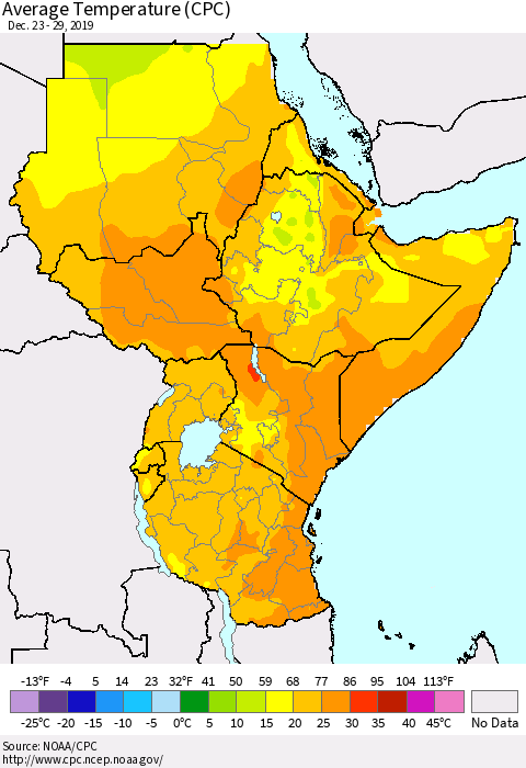 Eastern Africa Average Temperature (CPC) Thematic Map For 12/23/2019 - 12/29/2019