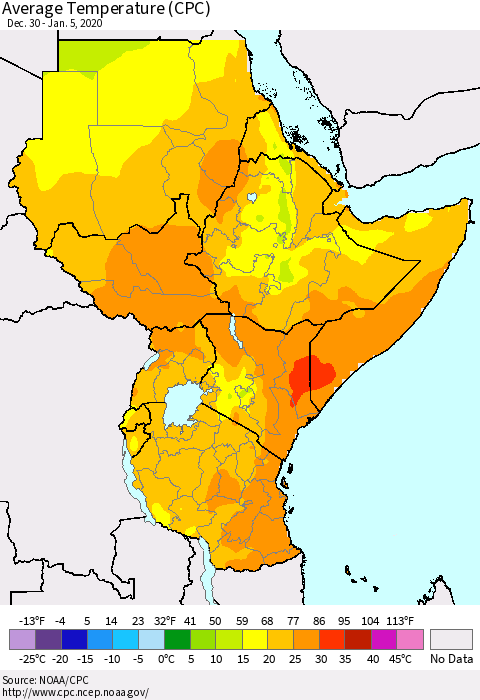 Eastern Africa Average Temperature (CPC) Thematic Map For 12/30/2019 - 1/5/2020
