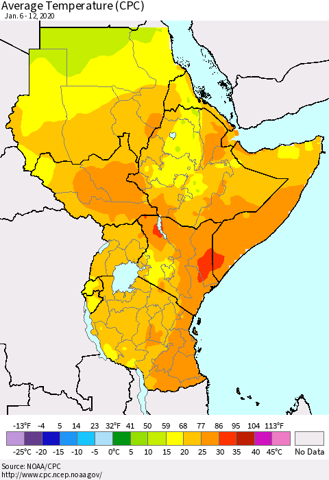 Eastern Africa Average Temperature (CPC) Thematic Map For 1/6/2020 - 1/12/2020