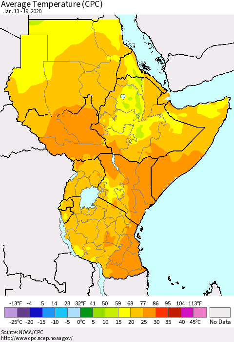 Eastern Africa Average Temperature (CPC) Thematic Map For 1/13/2020 - 1/19/2020