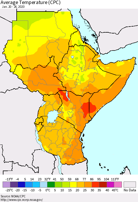 Eastern Africa Average Temperature (CPC) Thematic Map For 1/20/2020 - 1/26/2020