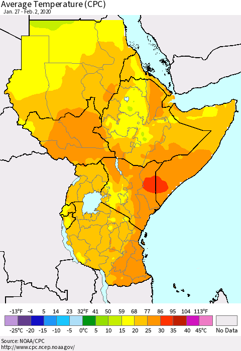 Eastern Africa Average Temperature (CPC) Thematic Map For 1/27/2020 - 2/2/2020