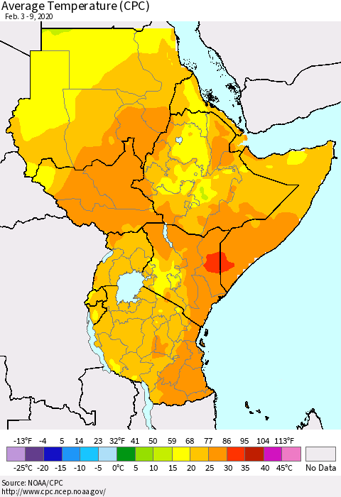 Eastern Africa Average Temperature (CPC) Thematic Map For 2/3/2020 - 2/9/2020