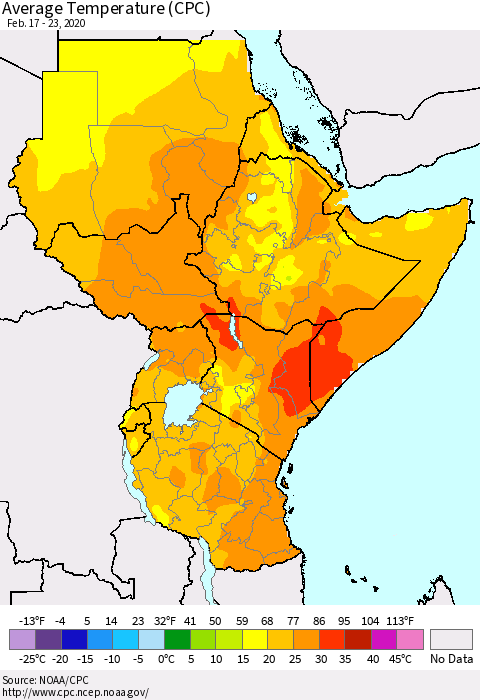 Eastern Africa Average Temperature (CPC) Thematic Map For 2/17/2020 - 2/23/2020