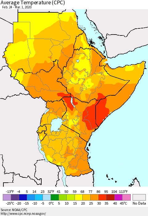 Eastern Africa Average Temperature (CPC) Thematic Map For 2/24/2020 - 3/1/2020