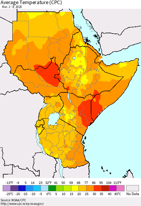Eastern Africa Average Temperature (CPC) Thematic Map For 3/2/2020 - 3/8/2020