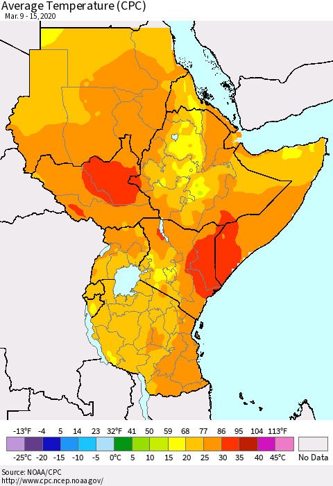 Eastern Africa Average Temperature (CPC) Thematic Map For 3/9/2020 - 3/15/2020