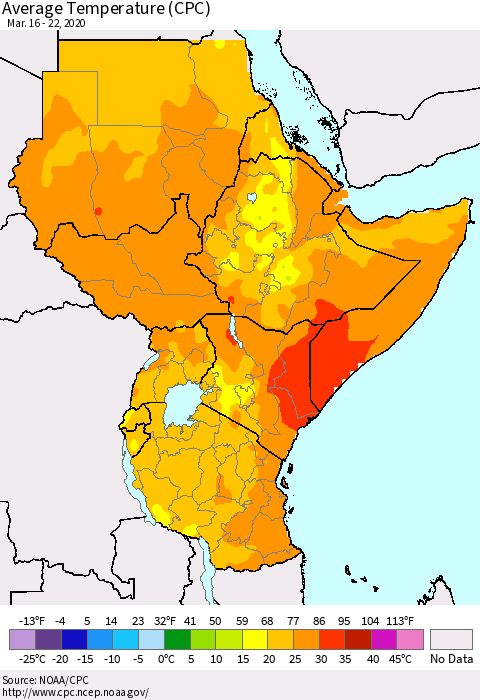 Eastern Africa Average Temperature (CPC) Thematic Map For 3/16/2020 - 3/22/2020