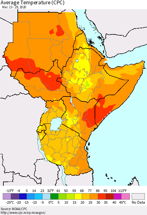 Eastern Africa Average Temperature (CPC) Thematic Map For 3/23/2020 - 3/29/2020