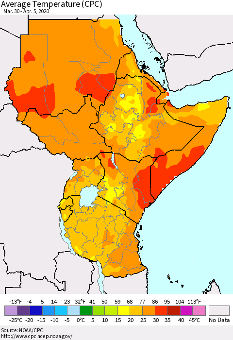 Eastern Africa Average Temperature (CPC) Thematic Map For 3/30/2020 - 4/5/2020