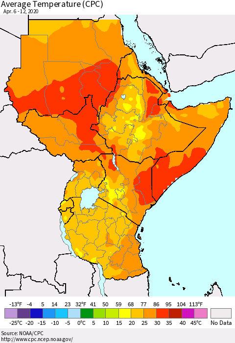 Eastern Africa Average Temperature (CPC) Thematic Map For 4/6/2020 - 4/12/2020