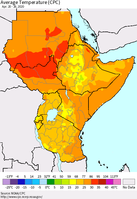 Eastern Africa Average Temperature (CPC) Thematic Map For 4/20/2020 - 4/26/2020