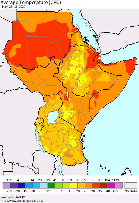 Eastern Africa Average Temperature (CPC) Thematic Map For 5/25/2020 - 5/31/2020
