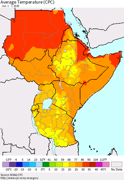 Eastern Africa Average Temperature (CPC) Thematic Map For 6/1/2020 - 6/7/2020