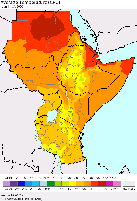 Eastern Africa Average Temperature (CPC) Thematic Map For 6/8/2020 - 6/14/2020