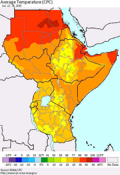 Eastern Africa Average Temperature (CPC) Thematic Map For 6/22/2020 - 6/28/2020