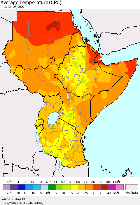 Eastern Africa Average Temperature (CPC) Thematic Map For 7/20/2020 - 7/26/2020