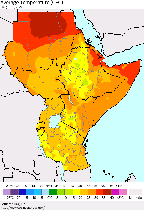 Eastern Africa Average Temperature (CPC) Thematic Map For 8/3/2020 - 8/9/2020