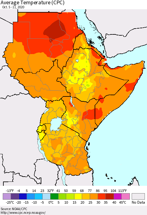 Eastern Africa Average Temperature (CPC) Thematic Map For 10/5/2020 - 10/11/2020