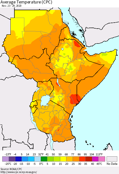 Eastern Africa Average Temperature (CPC) Thematic Map For 11/23/2020 - 11/29/2020