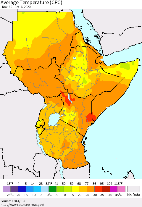 Eastern Africa Average Temperature (CPC) Thematic Map For 11/30/2020 - 12/6/2020