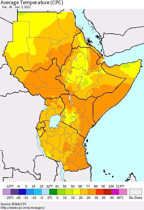 Eastern Africa Average Temperature (CPC) Thematic Map For 12/28/2020 - 1/3/2021