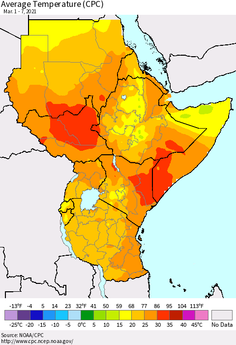 Eastern Africa Average Temperature (CPC) Thematic Map For 3/1/2021 - 3/7/2021
