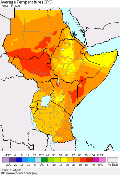 Eastern Africa Average Temperature (CPC) Thematic Map For 3/8/2021 - 3/14/2021