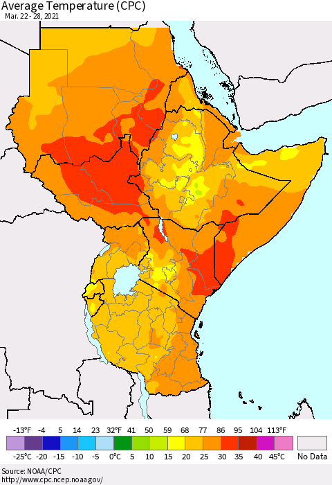 Eastern Africa Average Temperature (CPC) Thematic Map For 3/22/2021 - 3/28/2021