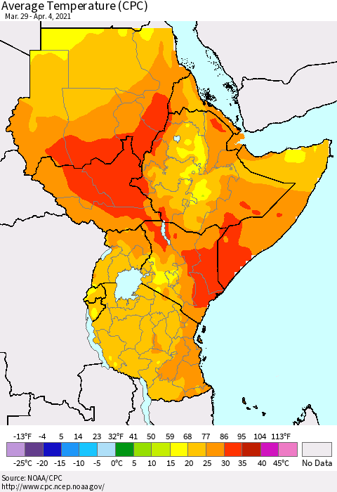 Eastern Africa Average Temperature (CPC) Thematic Map For 3/29/2021 - 4/4/2021